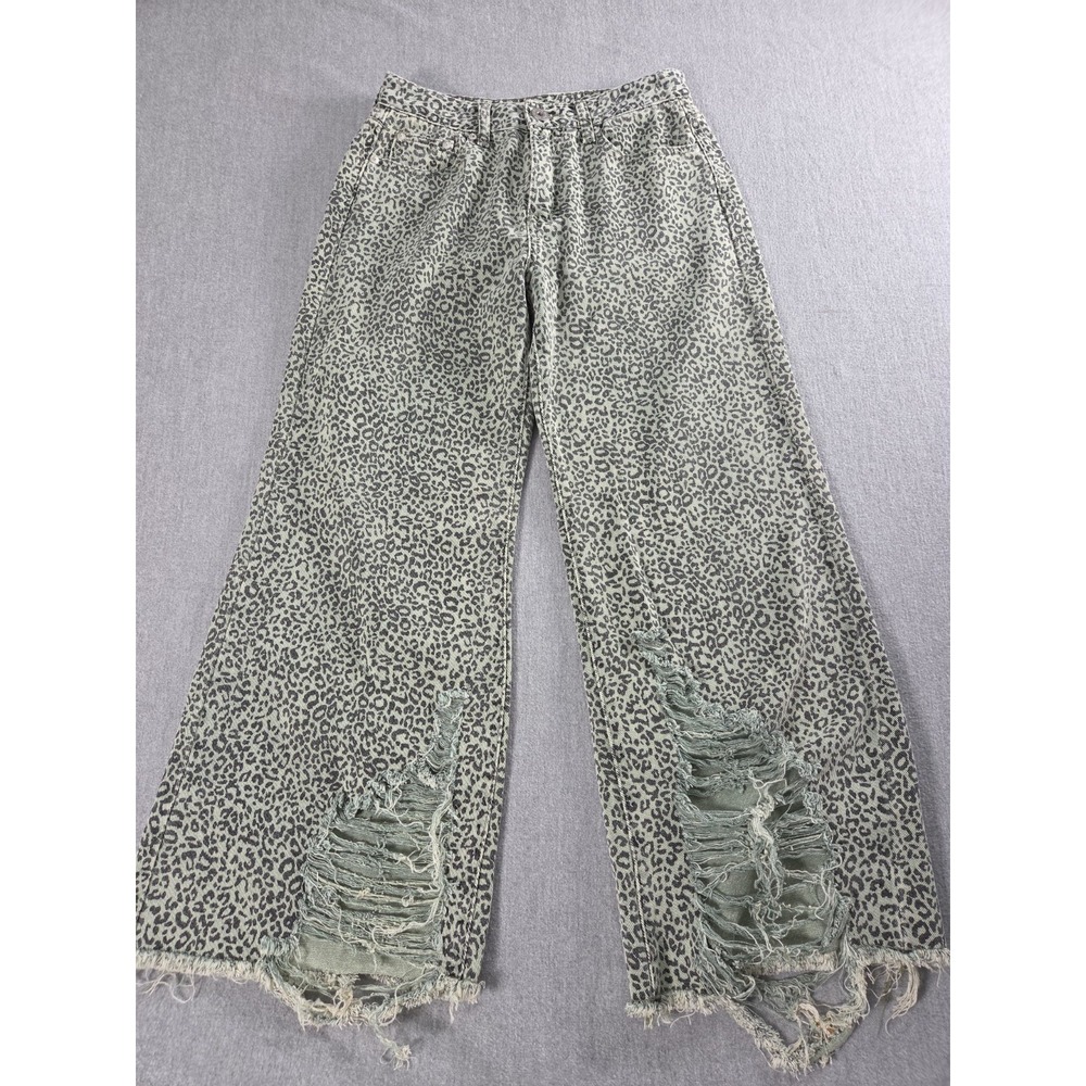 POL Jeans S Green Leopard Print Wide Leg Distressed Crop Raw Fringe Hem Boho